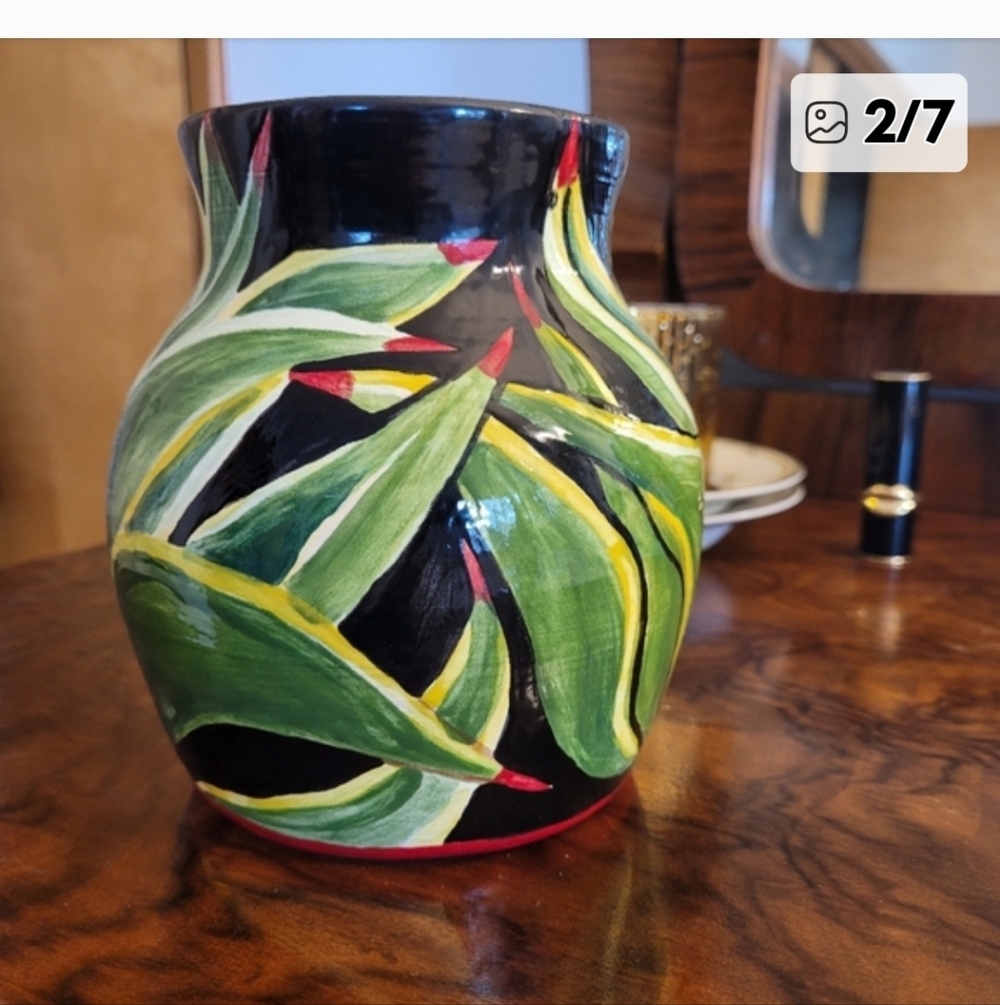 Vintage MCM Ceramic Vase with Leaf Design Hand Painted Art Pottery